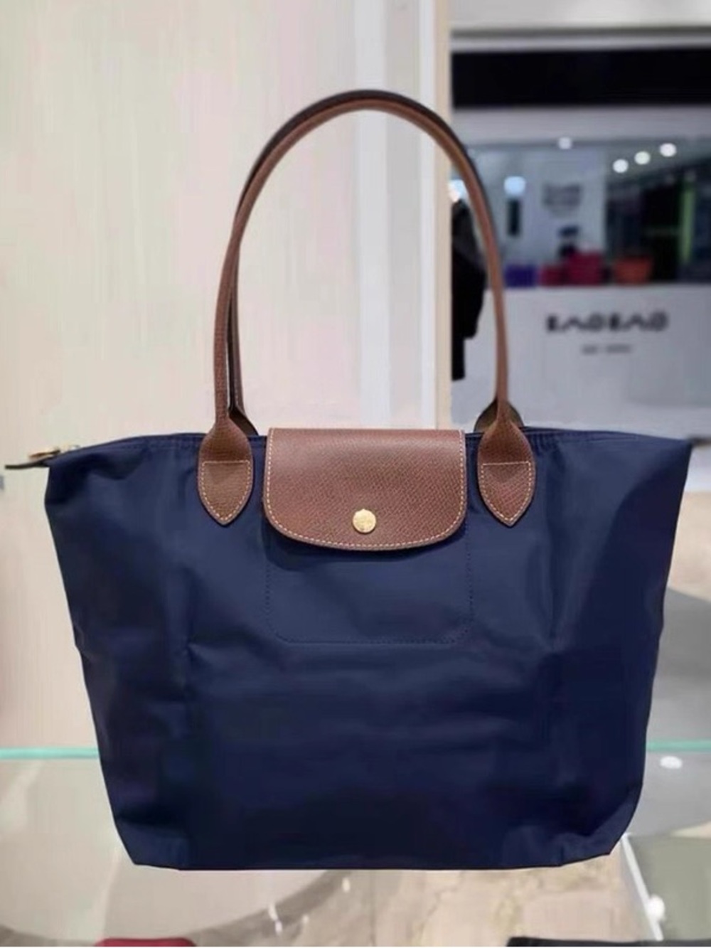 Longchamp Navy Tote with Brown Trim - Classic Women's Shoulder Bag